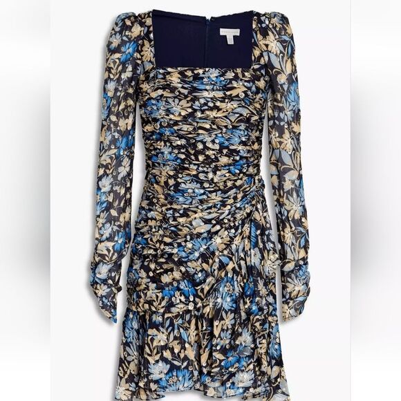 ML MONIQUE LHUILLIERRuched floral-print metallic fil coupé mini dress EUC - Picture 3 of 13